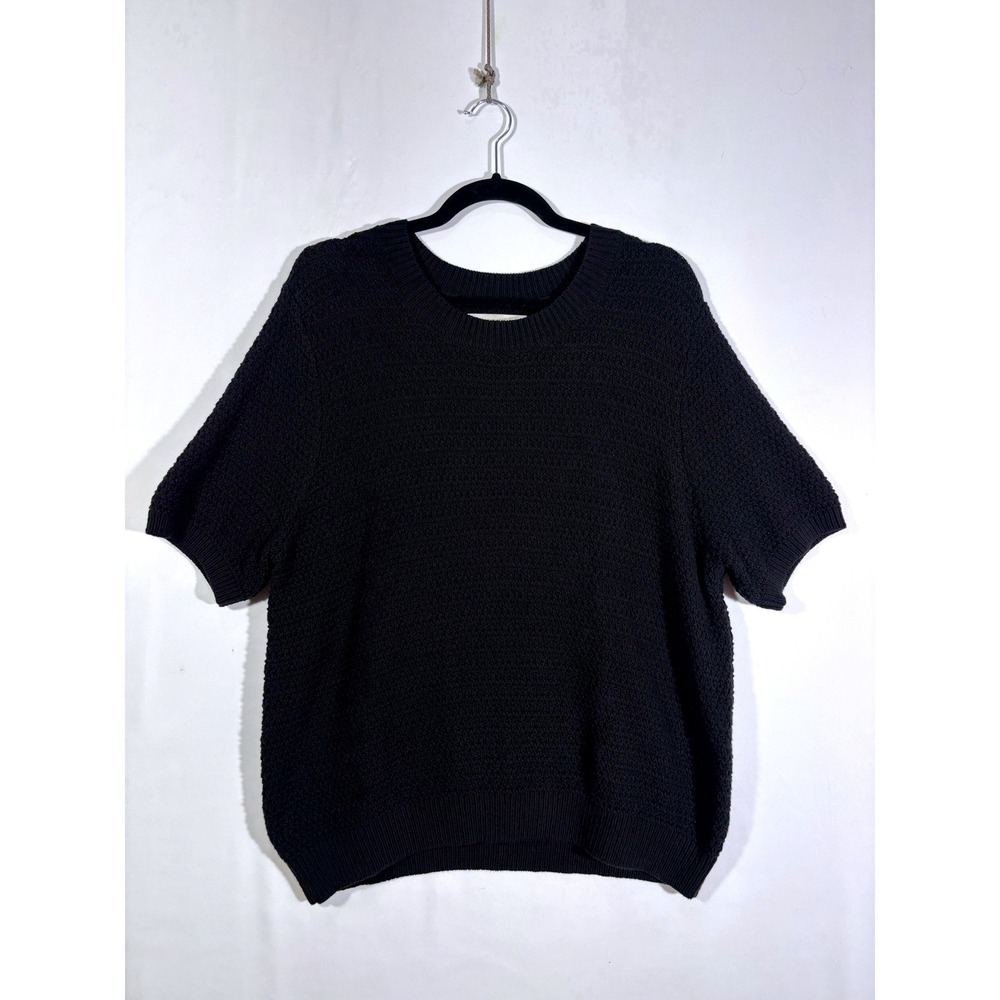 Classic Minimalist Chic Knit Textured Loft Short Sleeve Sweater Women XL Black